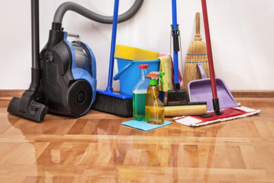 group of supplies for cleaning hardwood floors