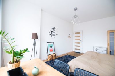 modern bedroom with vinyl flooring